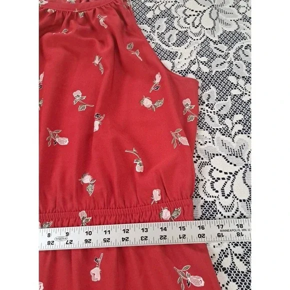 Loft Halter Dress L Brick Red Floral Elastic Waist High Neck Keyhole Back Summer - Picture 7 of 9